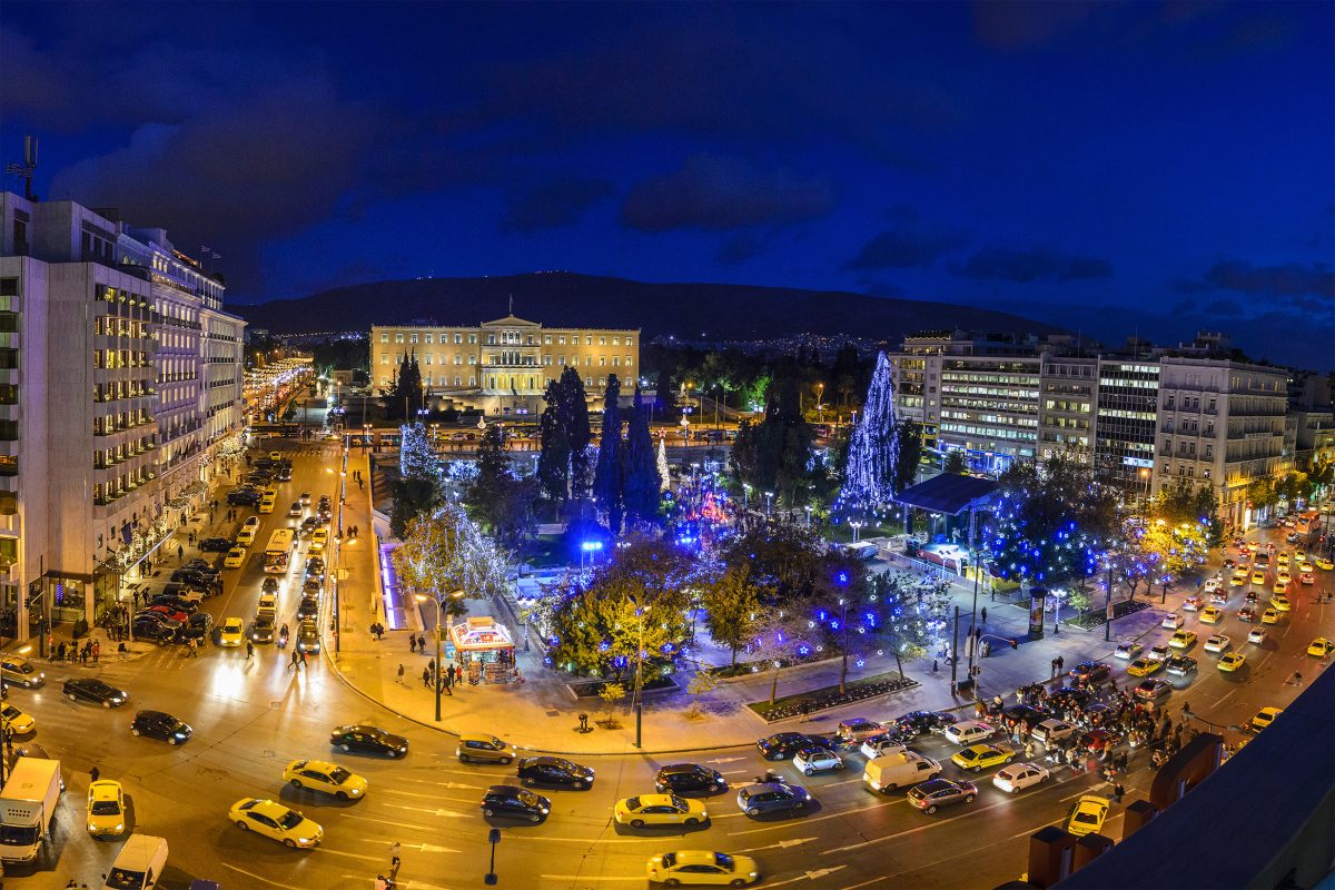 Night,Life,At,Syntagma,Square,(constitution,Square),Which,Is,Decorated
